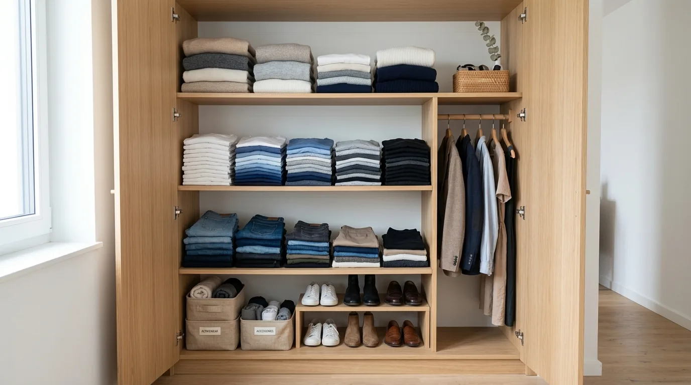 Closet with neatly folded clothing arranged vertically